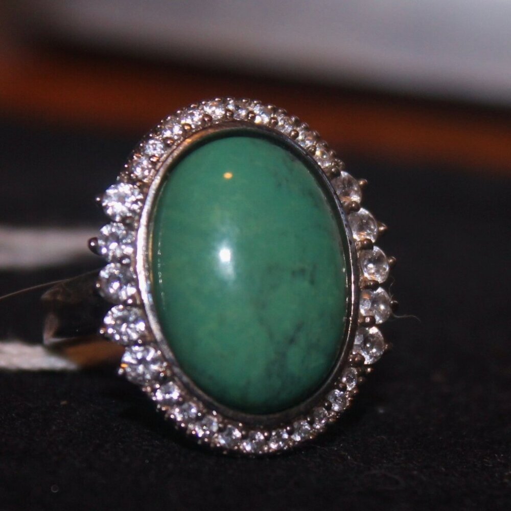 ESPO 925 Sterling 12 Carat Turquoise Ring Surrounded w Sparkling Stones